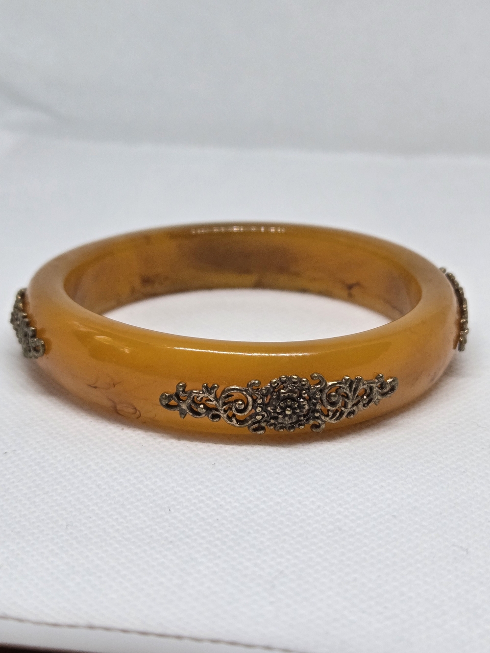 Vintage Butterscotch Lucite Bangle Bracelet 8"  With Filigree Accent 12.7mm Wide